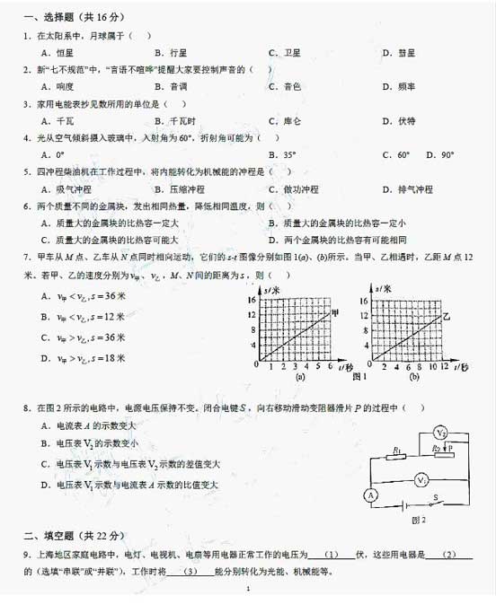 上海2017年中考物理试题及参考答案1