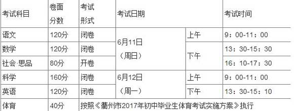 2017年浙江衢州中考考试时间及科目安排公布1